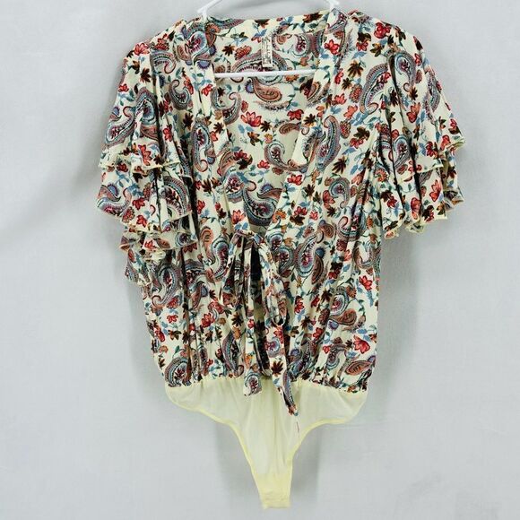 Free People Women’s small Cream Brown Paisley Plunge Bodysuit Flutter - Picture 4 of 14